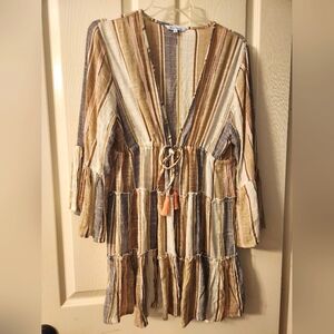 blue island Striped Boho Swim Coverup in Tan, Cream & Blue